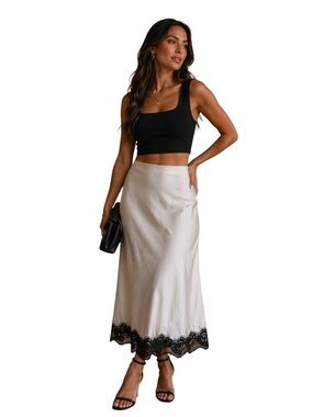 Cream Satin Lace Trim Slip Skirt Women’s M Quiet Luxury Midi Skirt